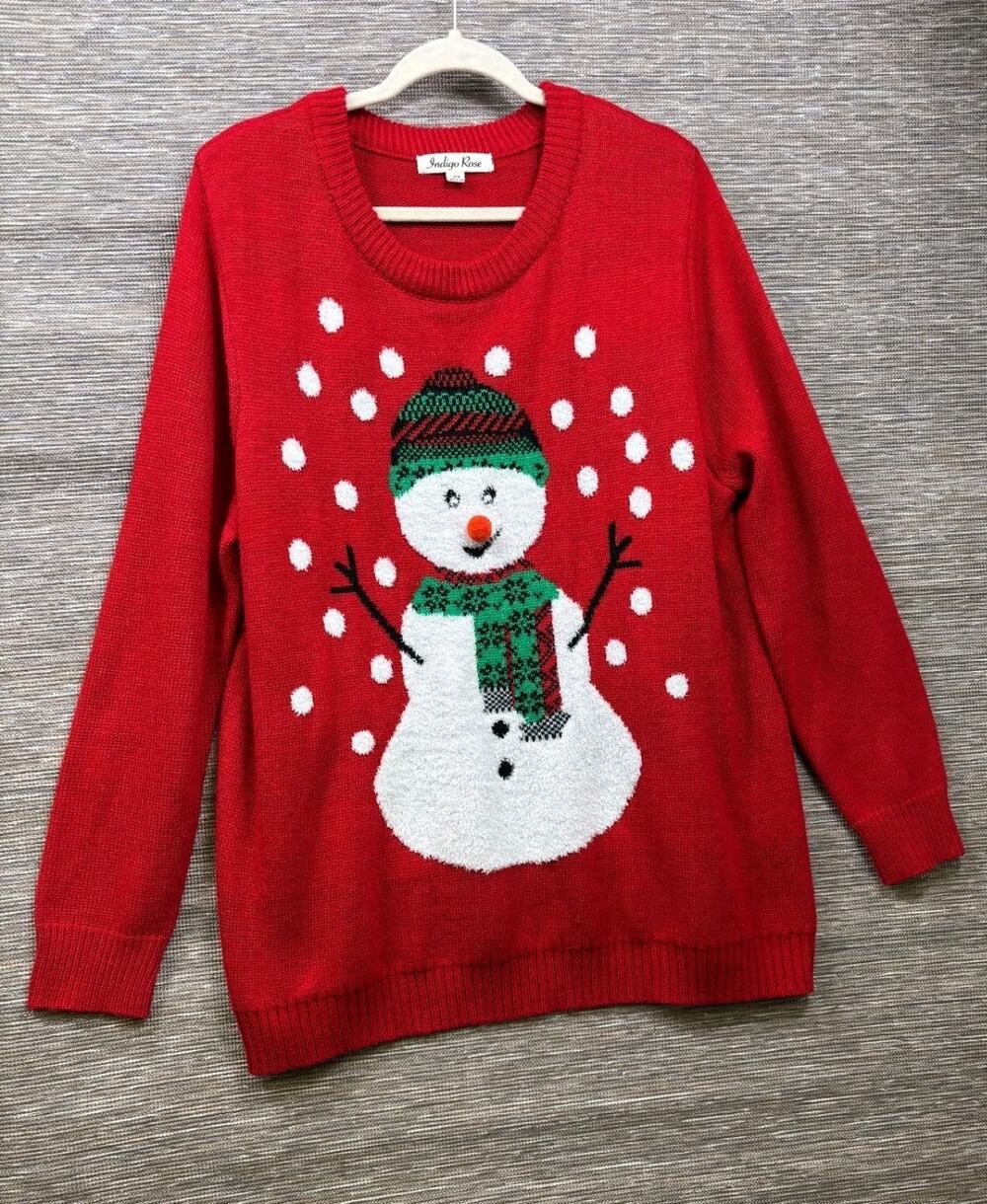 Indigo Rose Christmas Sweater Snowman Pom Pom Furry Womens Size 2X Red Knitted